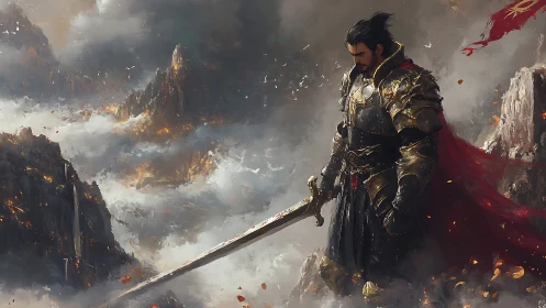 Lone armored warrior pausing above stormy mountain clouds.