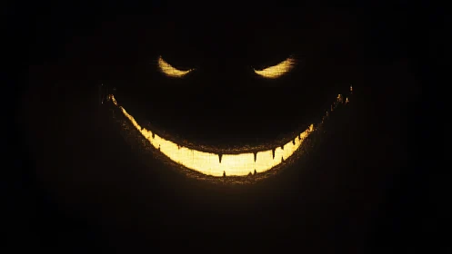 Glowing sinister grin and eyes in dark negative space.