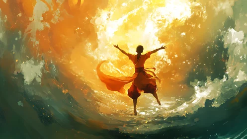 Figure commands radiant vortex in dynamic fantasy seascape