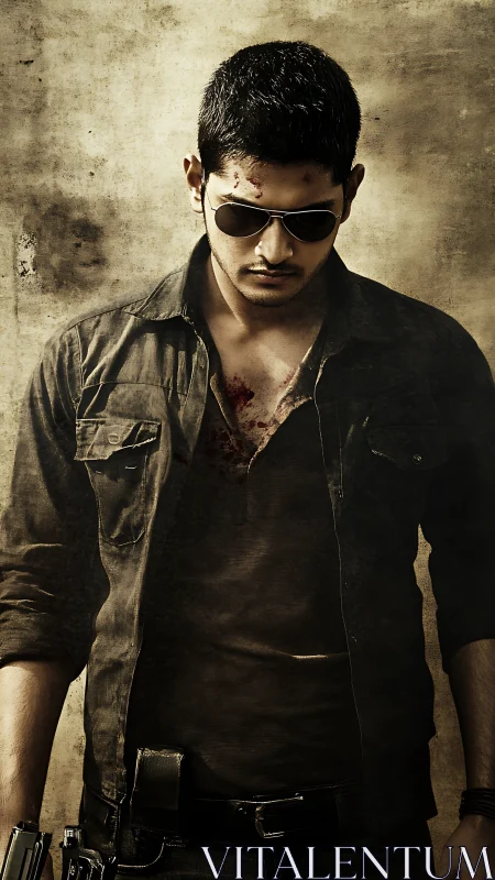 Bloodied action figure in desaturated, high-contrast portrait lighting