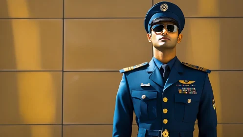 Confident young officer in blue uniform against warm wall.
