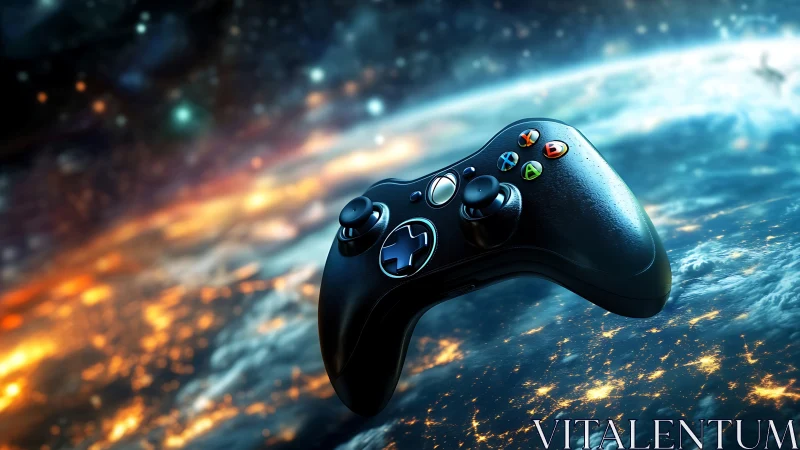 Galactic game controller floating above luminous Earthscape.