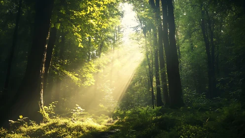 Sunbeams Filtering Through Lush Forest Trees, Natural Style.