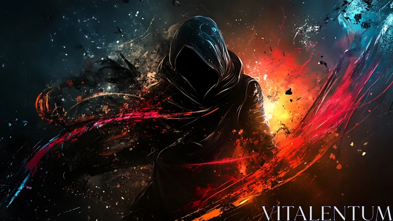 Hooded figure emerges amid explosive red and blue energy swirls