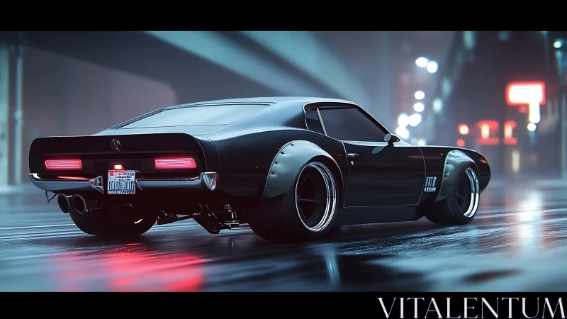 Sleek black muscle car parked on wet neon city street.