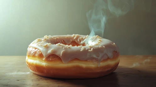 Photorealistic glazed doughnut still life on wood surface.