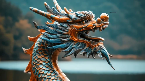 Majestic dragon sculpture rises against misty lakeside backdrop.