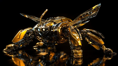 Gleaming robotic insect crouches in a pool of golden light