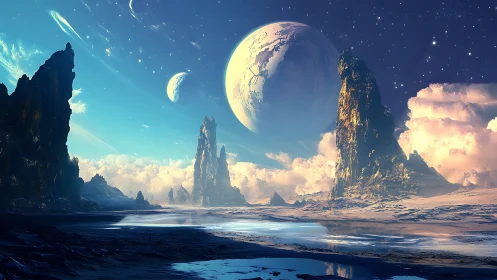 Alien coastal landscape under multiple giant planets.