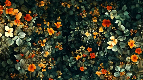 Midnight garden of glowing orange and gold blossoms.