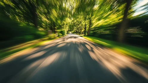 Motion-blur road through green forest with sunlight, dynamic style.