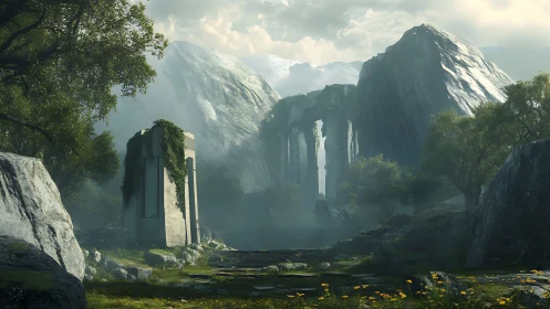 Hidden mountain ruins rest quietly in a misty green valley
