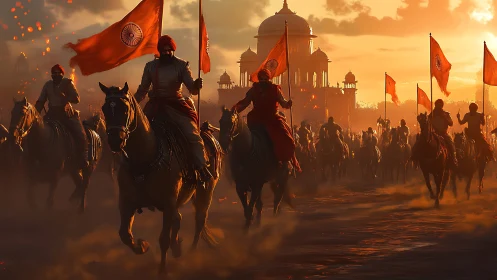 Sunset cavalry procession with Indian flags before Mughal palace
