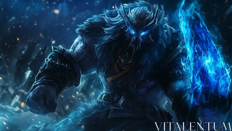 Frostborn warrior strides through a storm of blue fire.