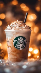 Iced blended coffee with whipped cream under warm bokeh lighting