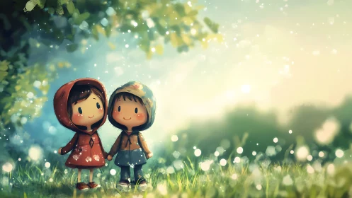 Illustrated characters in hooded garments standing in luminescent bokeh field