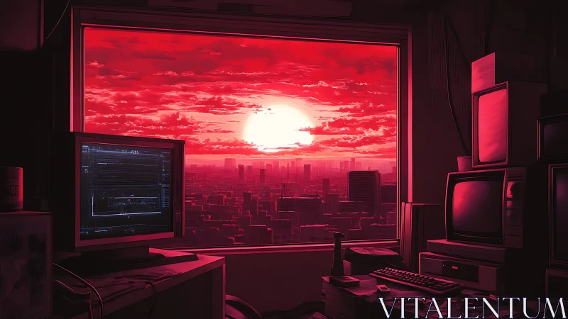 Retro command station facing overexposed crimson megacity sunset.