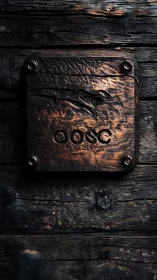 Weathered copper plaque warmly glows on rustic wood wall
