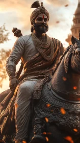 Rendered equestrian warrior statue in warm volumetric sunset lighting