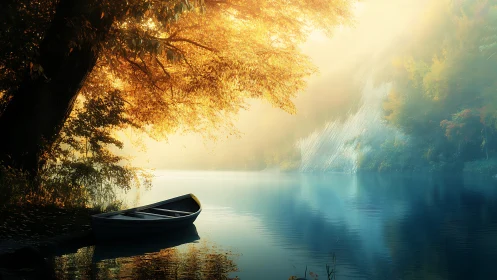 Autumnal lakeshore rowboat under volumetric sunrise haze.