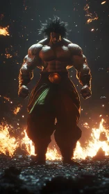 Muscular warrior stands amid erupting fire and embers.