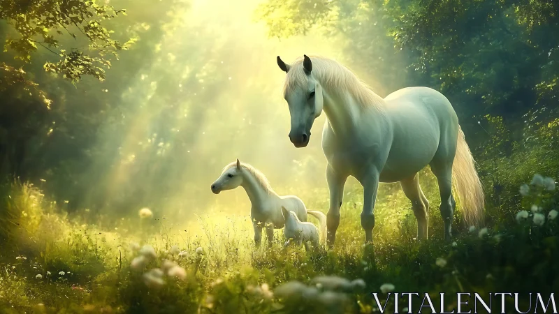 Gentle white horses share a golden forest morning together
