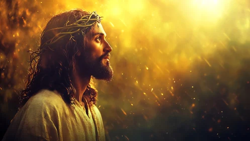 Digital painting profile portrait with radiant golden backlight.