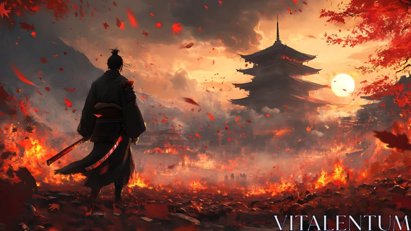 Lone samurai before burning pagoda at dusk, cinematic scale