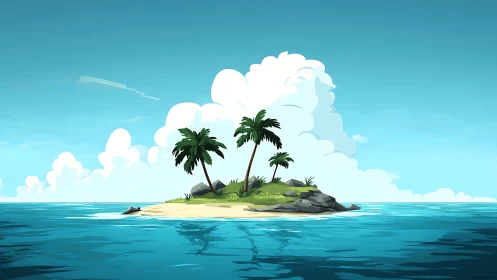 Tropical Island Illustration with Three Palm Trees Against Cumulus Cloud Formation