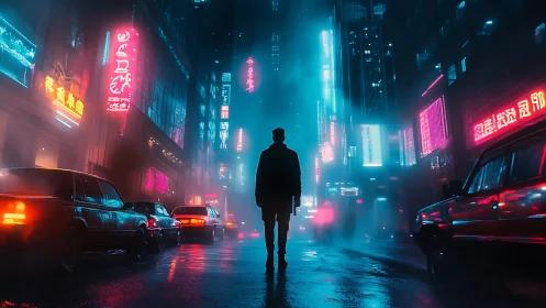 Silhouette stands in neon lit foggy street between parked cars