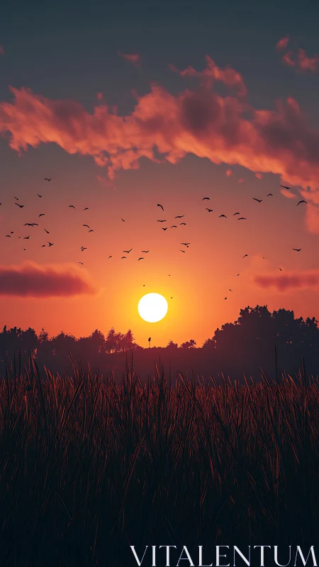 Golden sun settles gently over peaceful evening meadow