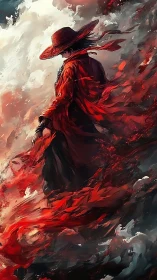 Dynamic red-cloaked wanderer dissolving into high-energy painterly vortex