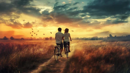 Golden Hour Cyclists: Romantic Landscape Through Compositional Depth.