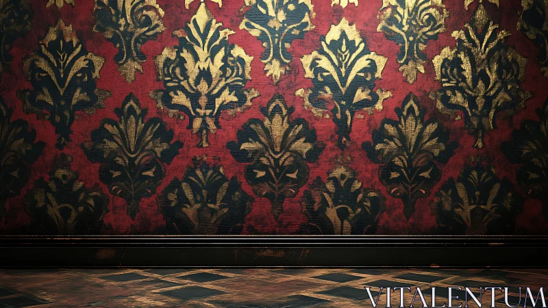 Aged damask wall with worn parquet floor under directional light