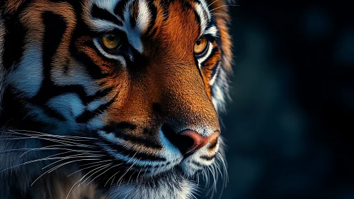 Hyperreal tiger portrait in dramatic low key composition.