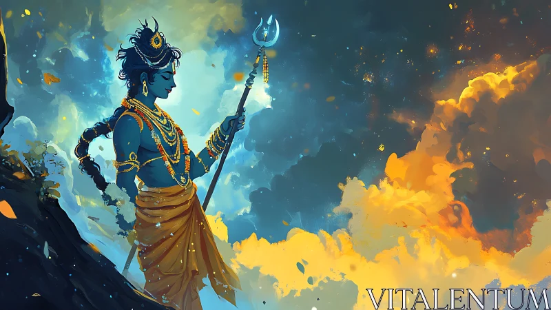 Blue-skinned deity with staff against glowing storm clouds.