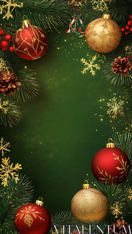 Christmas baubles and fir border frame a deep green backdrop