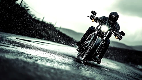Motorcyclist cornering on wet asphalt under heavy rainfall