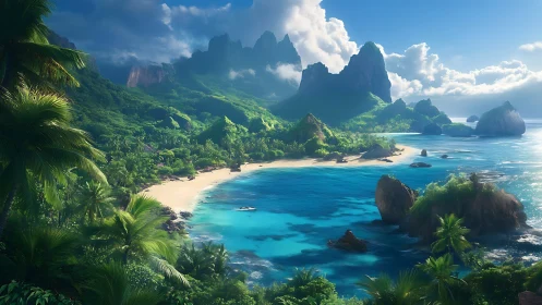 Tropical island archipelago with volcanic peaks and turquoise waters under blue sky