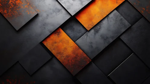 Overlapping textured panels form diagonal orange-black grid
