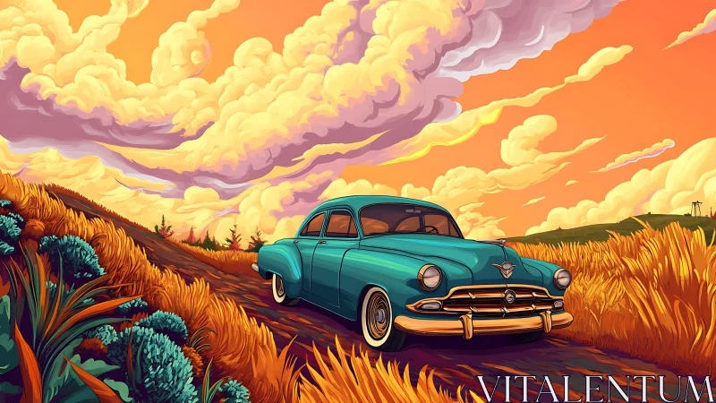 Vintage teal car glides through golden fields at sunset
