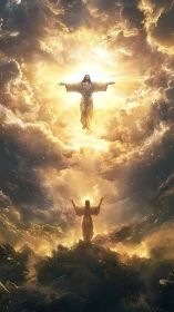 Celestial ascension figure framed by radiant golden clouds.