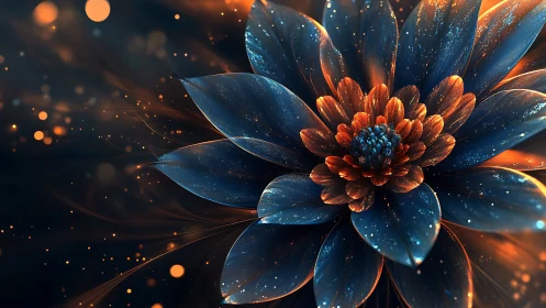 Luminous blue and amber flower glows in a cosmic haze