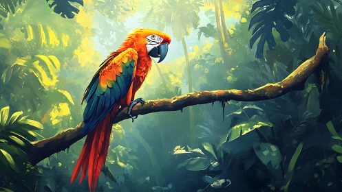 Scarlet macaw on mossy branch in backlit tropical rainforest