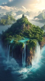Cliffside Sanctuary Among Misty Mountains and Cascading Waterfalls.