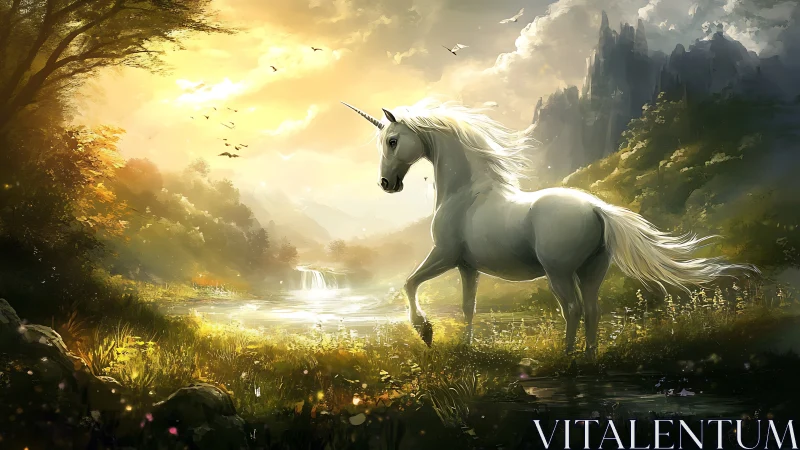 Majestic white unicorn stands in glowing enchanted valley