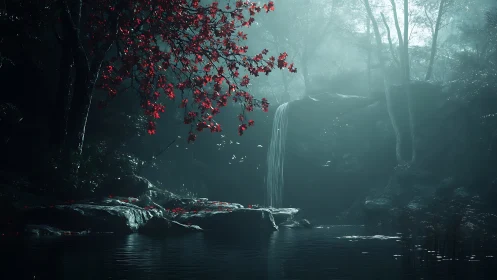 Misty Forest Sanctuary with Crimson Leaves.