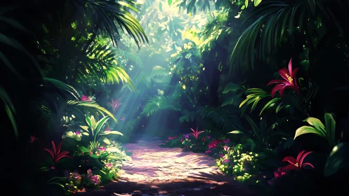 Luminescent Jungle Path Through Tropical Foliage