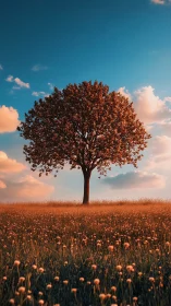 Solitary tree glows in warm sunset over wildflower meadow.