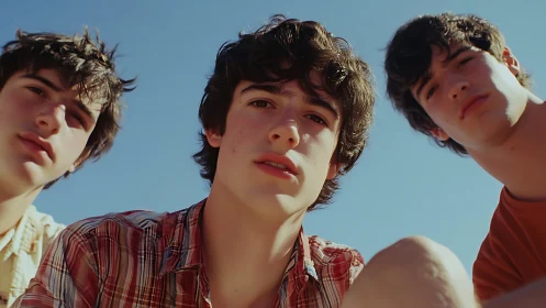 Three young males viewed from low angle under clear sky.